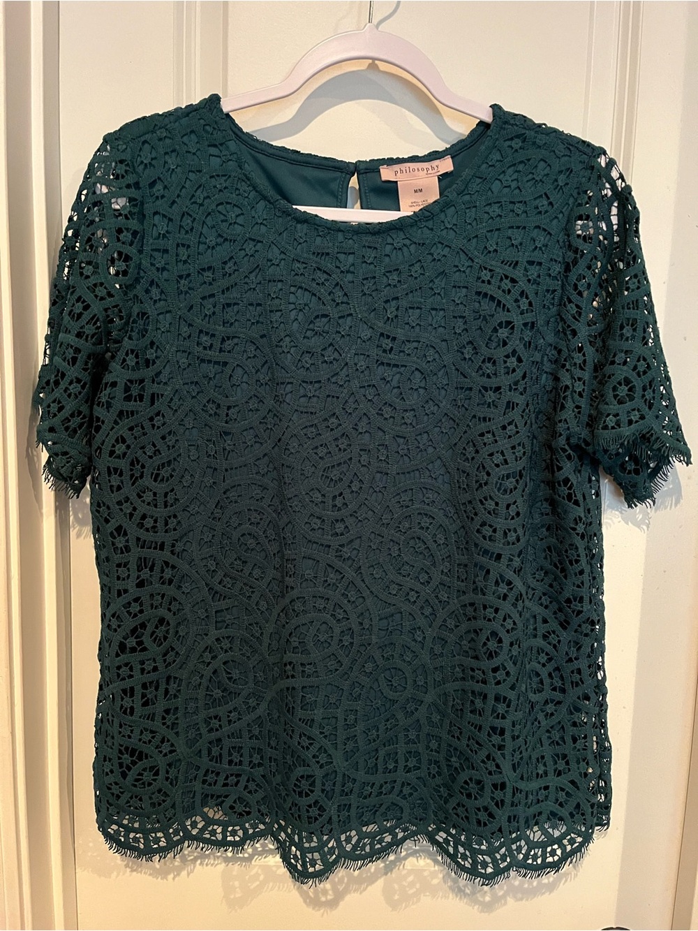 Philosophy Floral Lace Short-Sleeve Top in Dark Green, Medium